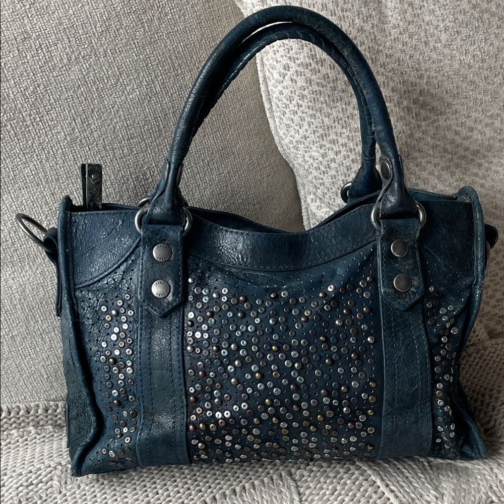 Studded Textured Satchel Handbag - Blue